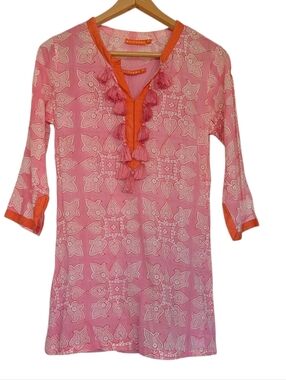 Oliphant Pink and White Tunic Top Orange Trim and Tassels Size Xs Cotton Slip
